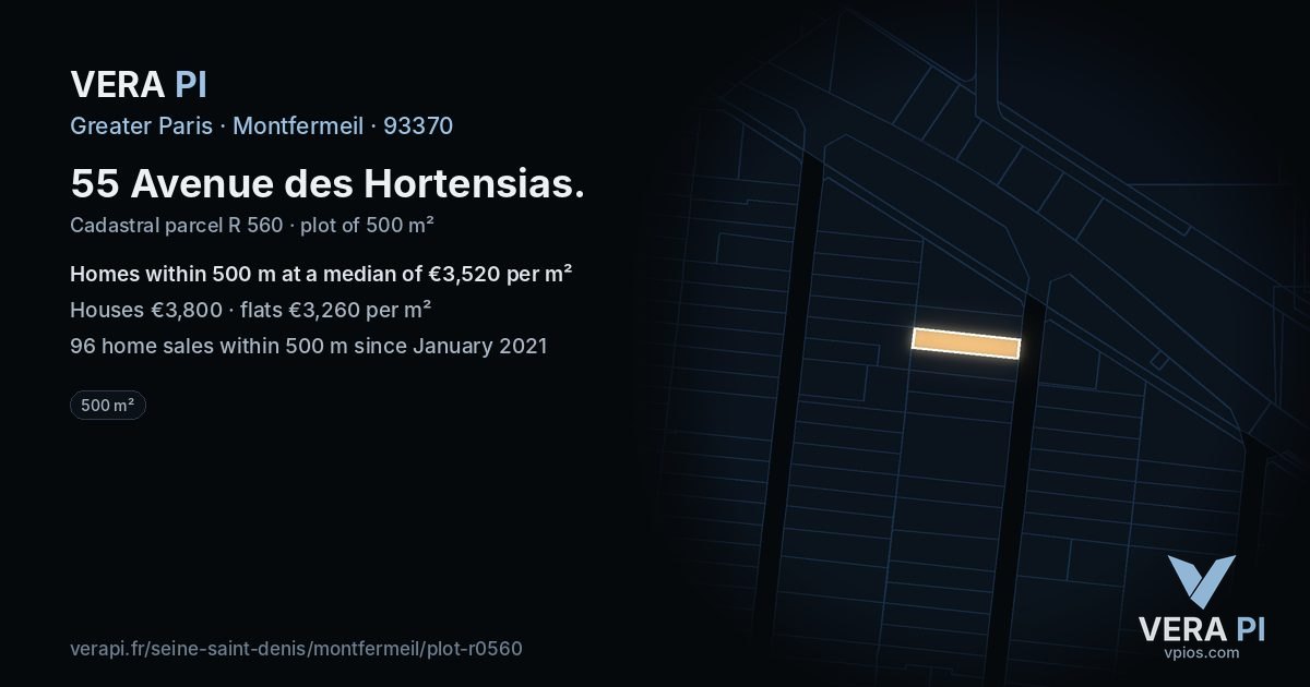 55 Avenue des Hortensias, Montfermeil at night – the plot lit, the parcels around coloured by the prices near them