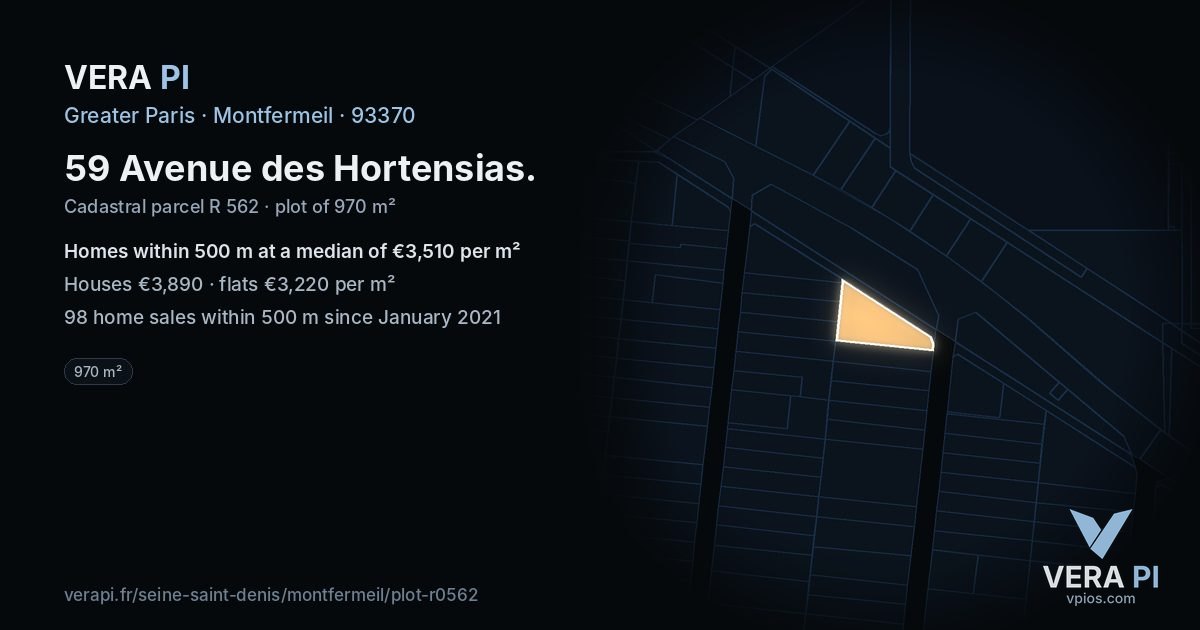 59 Avenue des Hortensias, Montfermeil at night – the plot lit, the parcels around coloured by the prices near them