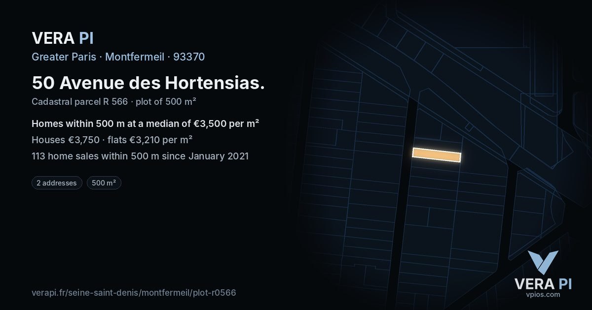 50 Avenue des Hortensias, Montfermeil at night – the plot lit, the parcels around coloured by the prices near them
