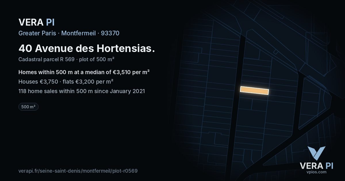 40 Avenue des Hortensias, Montfermeil at night – the plot lit, the parcels around coloured by the prices near them