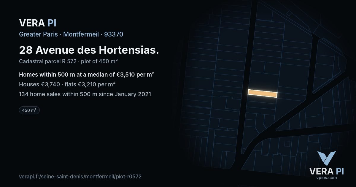 28 Avenue des Hortensias, Montfermeil at night – the plot lit, the parcels around coloured by the prices near them