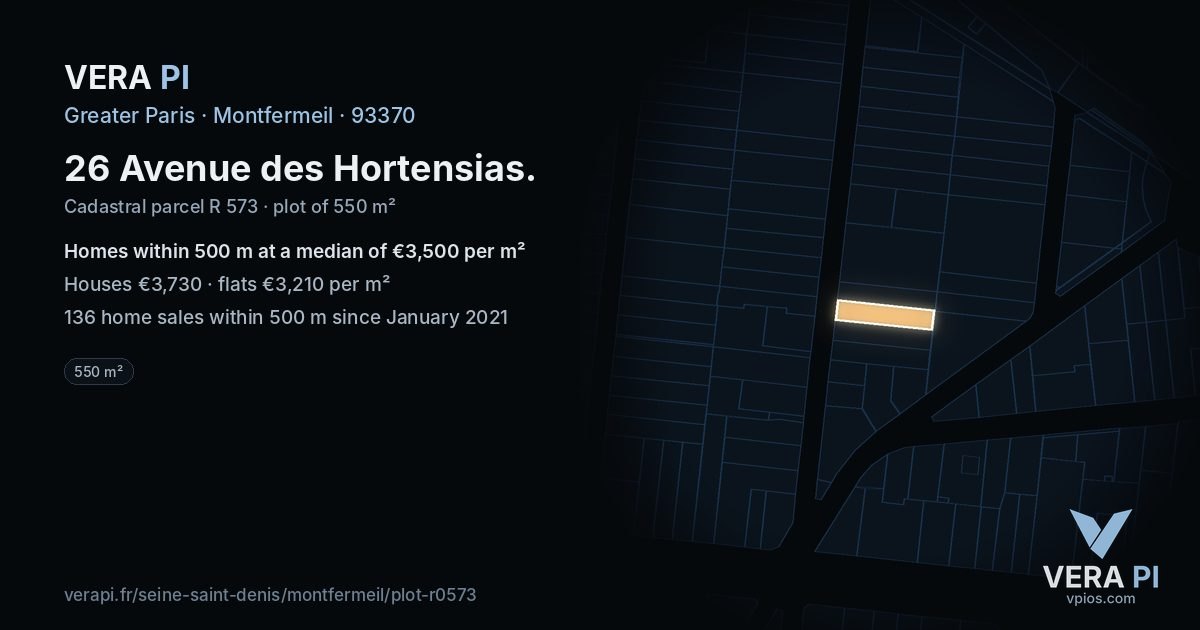 26 Avenue des Hortensias, Montfermeil at night – the plot lit, the parcels around coloured by the prices near them