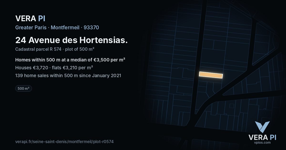 24 Avenue des Hortensias, Montfermeil at night – the plot lit, the parcels around coloured by the prices near them
