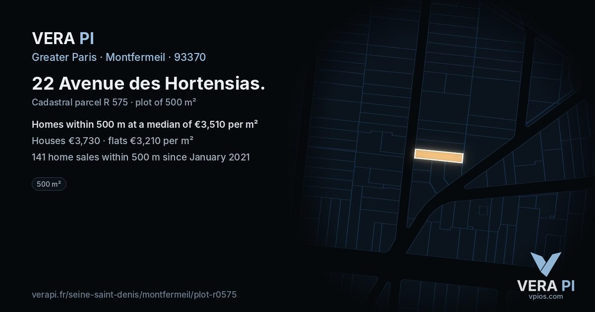 22 Avenue des Hortensias, Montfermeil at night – the plot lit, the parcels around coloured by the prices near them