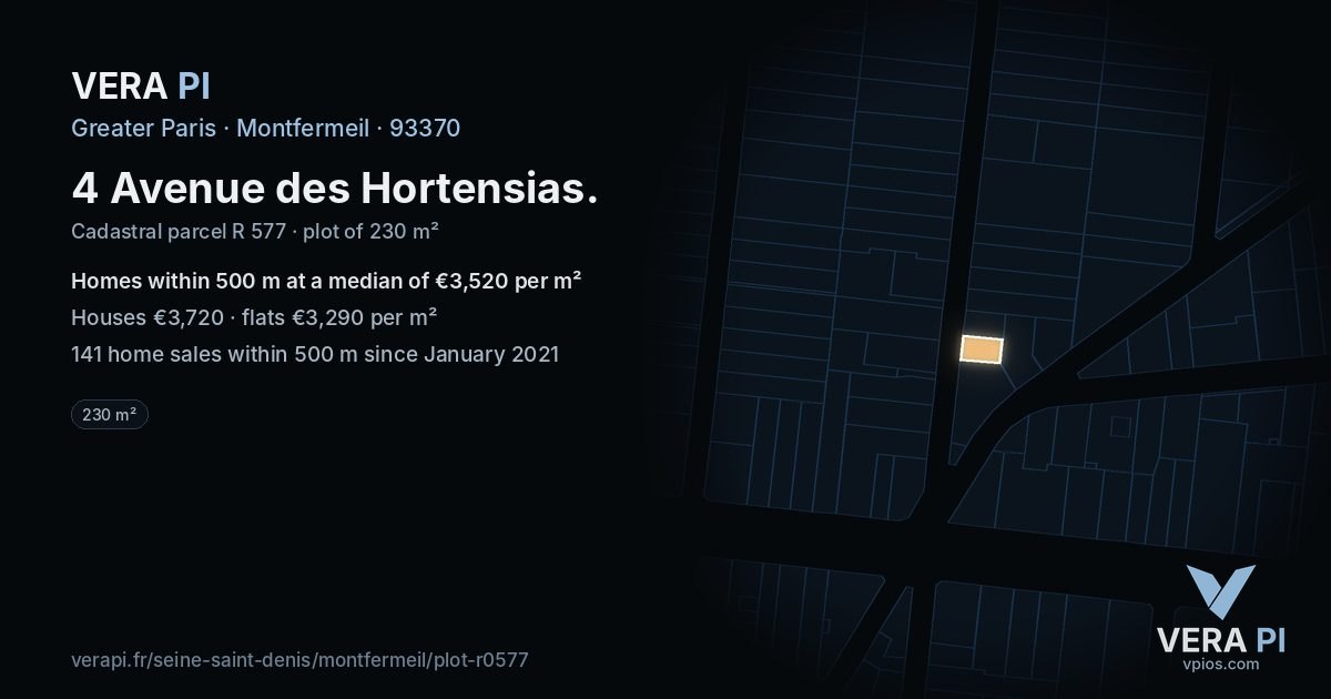 4 Avenue des Hortensias, Montfermeil at night – the plot lit, the parcels around coloured by the prices near them
