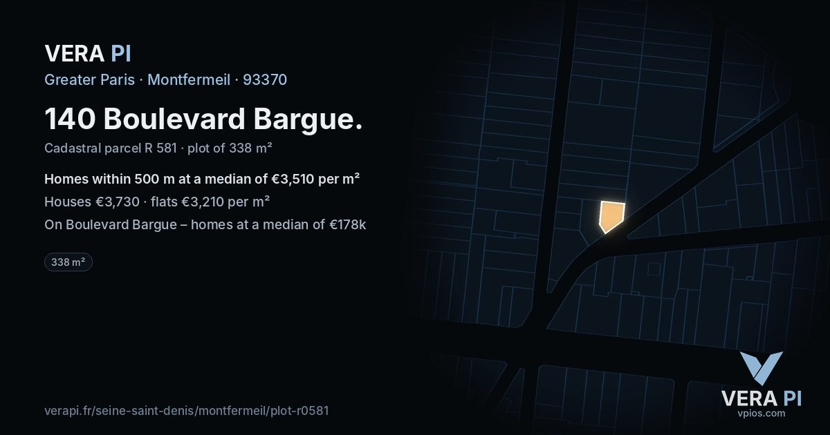 140 Boulevard Bargue, Montfermeil at night – the plot lit, the parcels around coloured by the prices near them