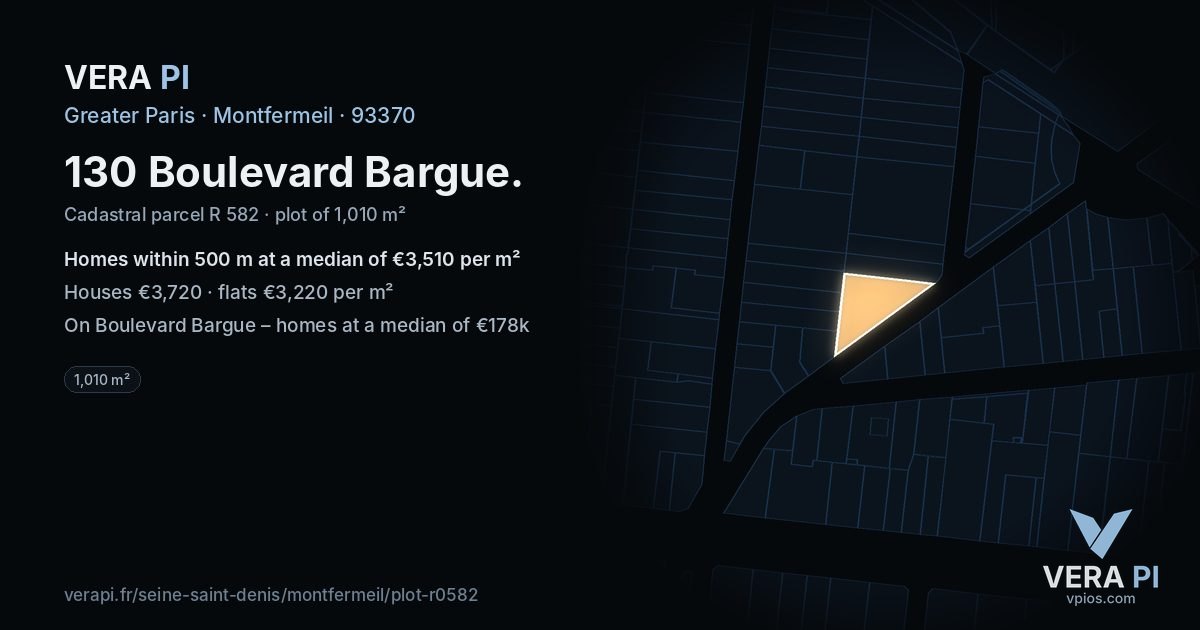 130 Boulevard Bargue, Montfermeil at night – the plot lit, the parcels around coloured by the prices near them