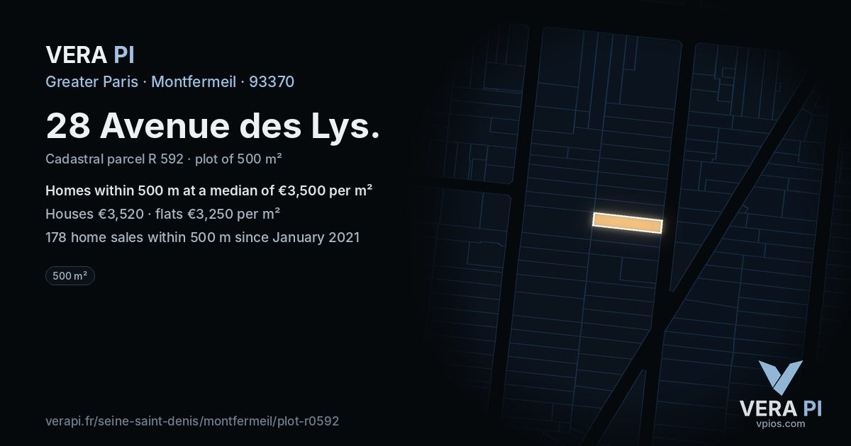 28 Avenue des Lys, Montfermeil at night – the plot lit, the parcels around coloured by the prices near them