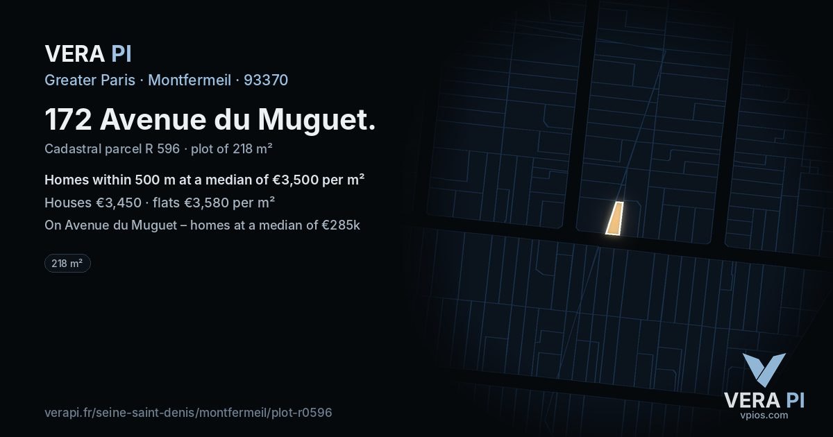 172 Avenue du Muguet, Montfermeil at night – the plot lit, the parcels around coloured by the prices near them