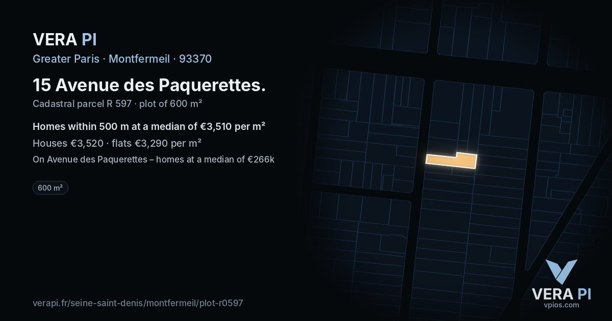 15 Avenue des Paquerettes, Montfermeil at night – the plot lit, the parcels around coloured by the prices near them