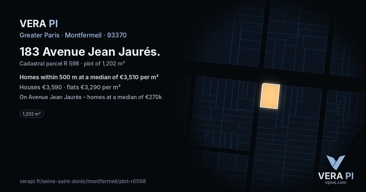 183 Avenue Jean Jaurés, Montfermeil at night – the plot lit, the parcels around coloured by the prices near them