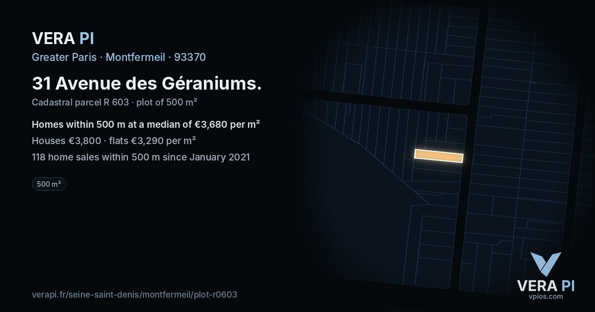31 Avenue des Géraniums, Montfermeil at night – the plot lit, the parcels around coloured by the prices near them