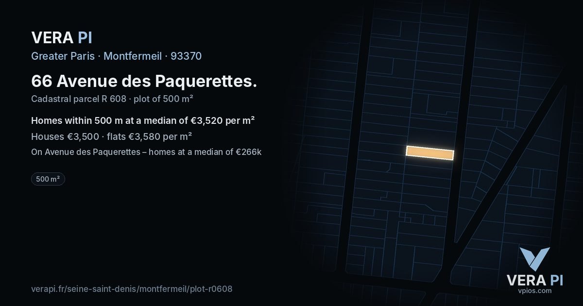 66 Avenue des Paquerettes, Montfermeil at night – the plot lit, the parcels around coloured by the prices near them
