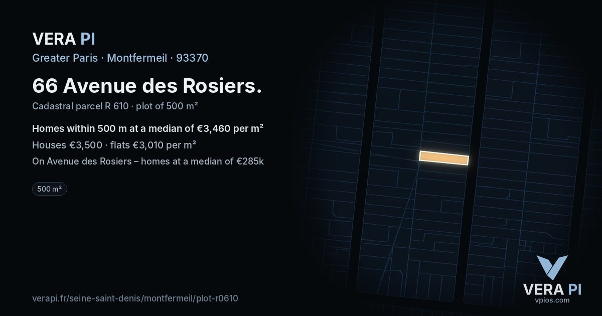 66 Avenue des Rosiers, Montfermeil at night – the plot lit, the parcels around coloured by the prices near them