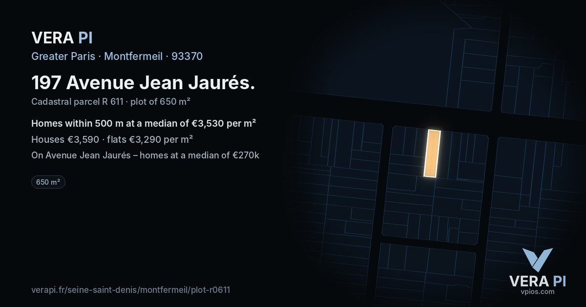 197 Avenue Jean Jaurés, Montfermeil at night – the plot lit, the parcels around coloured by the prices near them