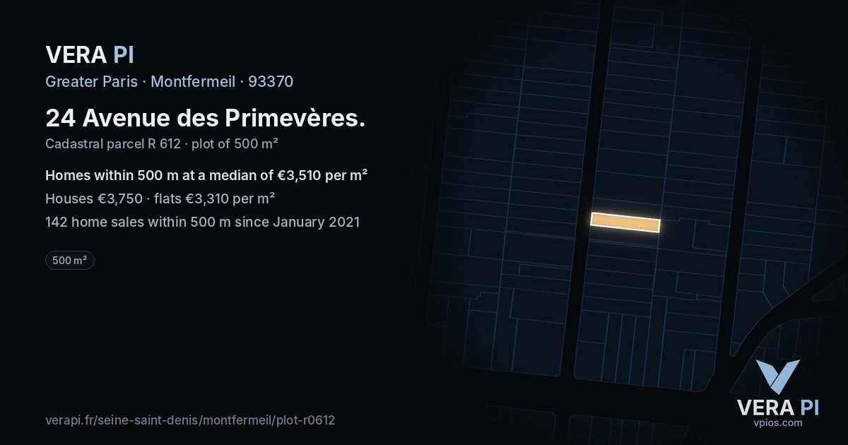 24 Avenue des Primevères, Montfermeil at night – the plot lit, the parcels around coloured by the prices near them