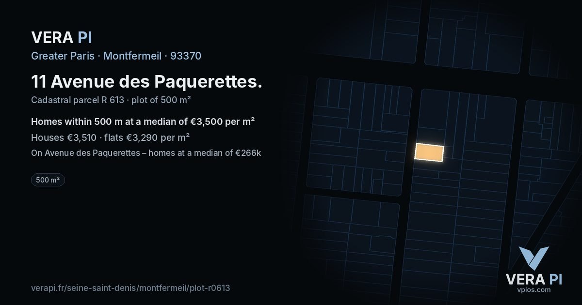 11 Avenue des Paquerettes, Montfermeil at night – the plot lit, the parcels around coloured by the prices near them