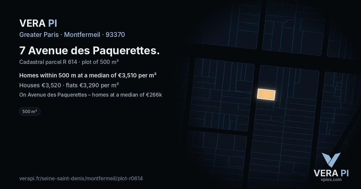 7 Avenue des Paquerettes, Montfermeil at night – the plot lit, the parcels around coloured by the prices near them