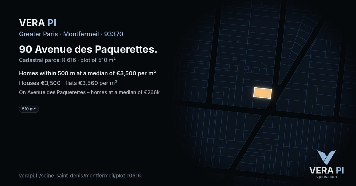 90 Avenue des Paquerettes, Montfermeil at night – the plot lit, the parcels around coloured by the prices near them