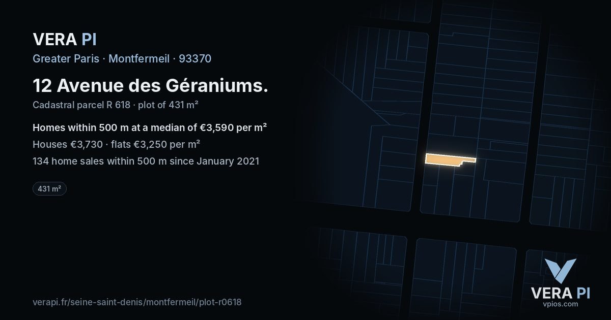 12 Avenue des Géraniums, Montfermeil at night – the plot lit, the parcels around coloured by the prices near them