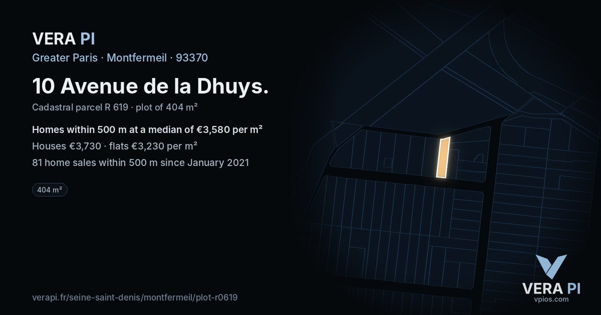 10 Avenue de la Dhuys, Montfermeil at night – the plot lit, the parcels around coloured by the prices near them