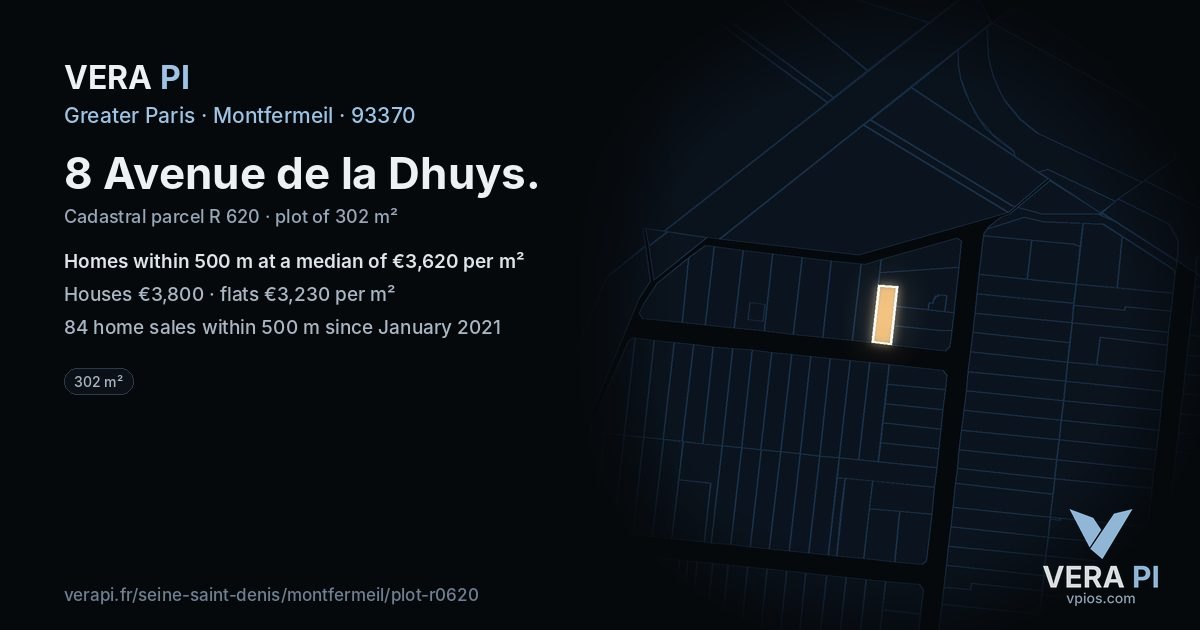 8 Avenue de la Dhuys, Montfermeil at night – the plot lit, the parcels around coloured by the prices near them