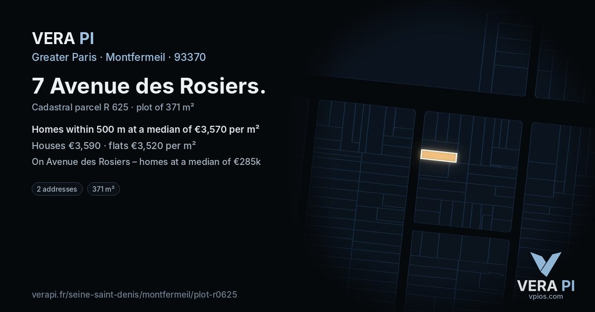 7 Avenue des Rosiers, Montfermeil at night – the plot lit, the parcels around coloured by the prices near them