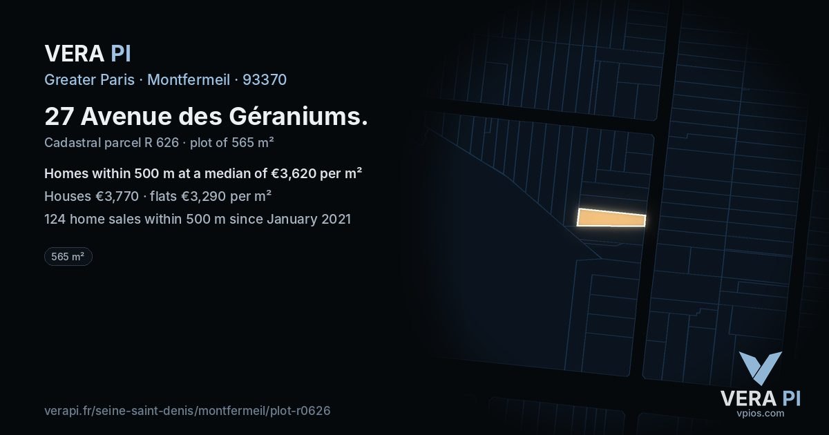 27 Avenue des Géraniums, Montfermeil at night – the plot lit, the parcels around coloured by the prices near them