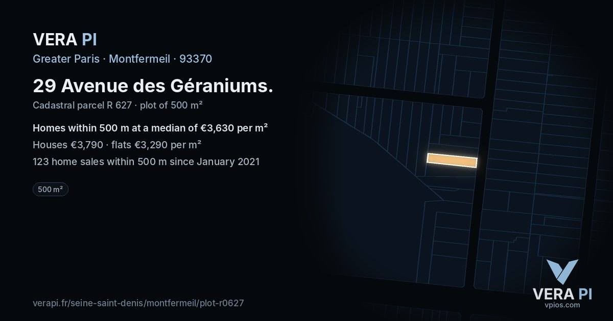 29 Avenue des Géraniums, Montfermeil at night – the plot lit, the parcels around coloured by the prices near them
