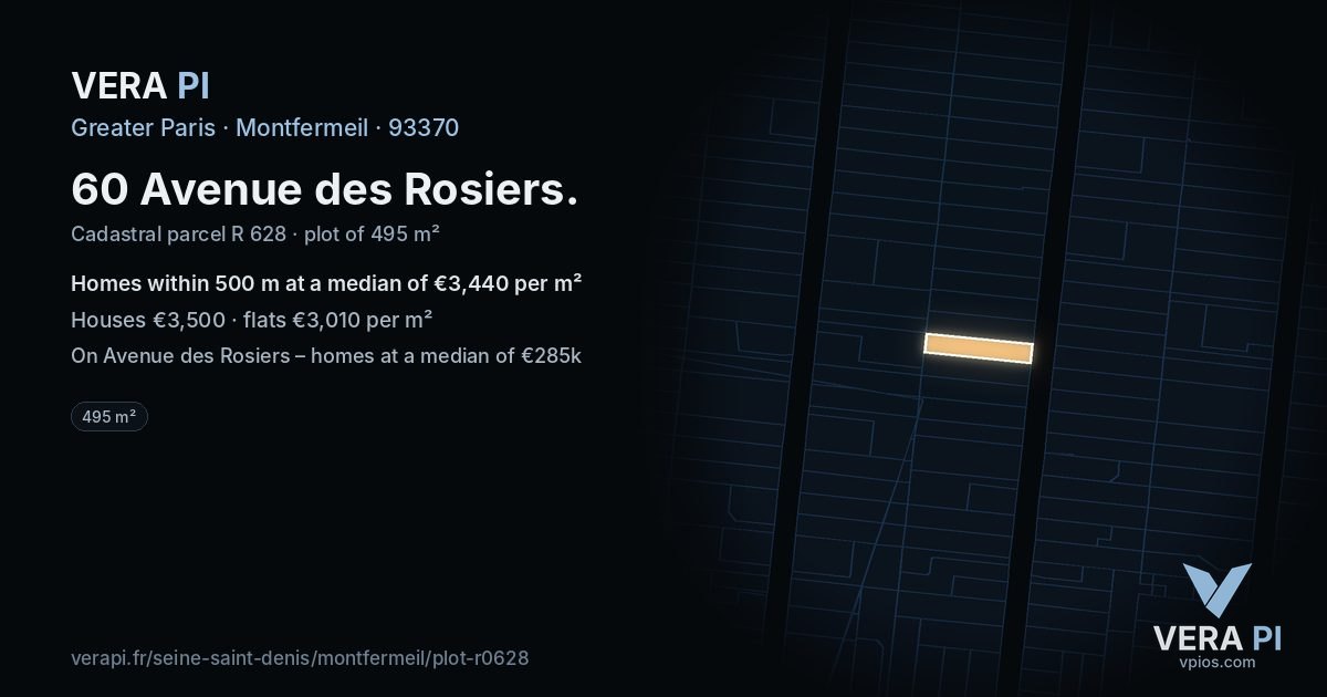 60 Avenue des Rosiers, Montfermeil at night – the plot lit, the parcels around coloured by the prices near them