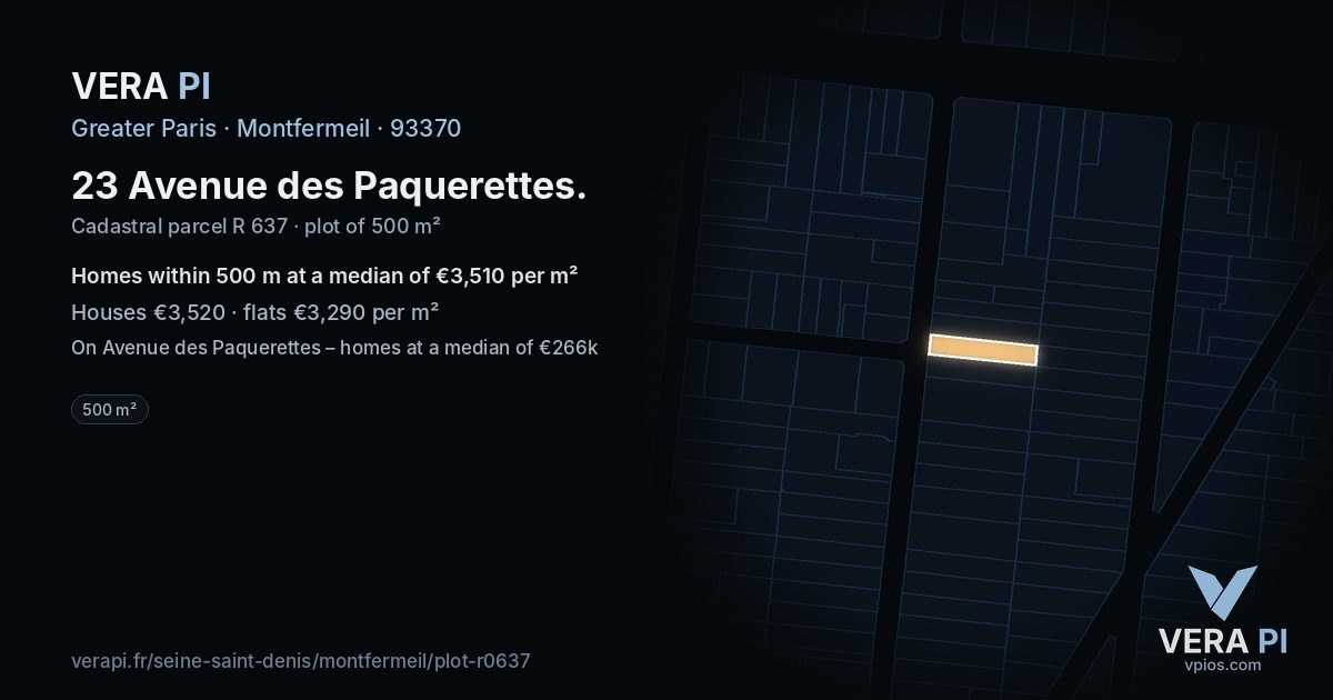 23 Avenue des Paquerettes, Montfermeil at night – the plot lit, the parcels around coloured by the prices near them
