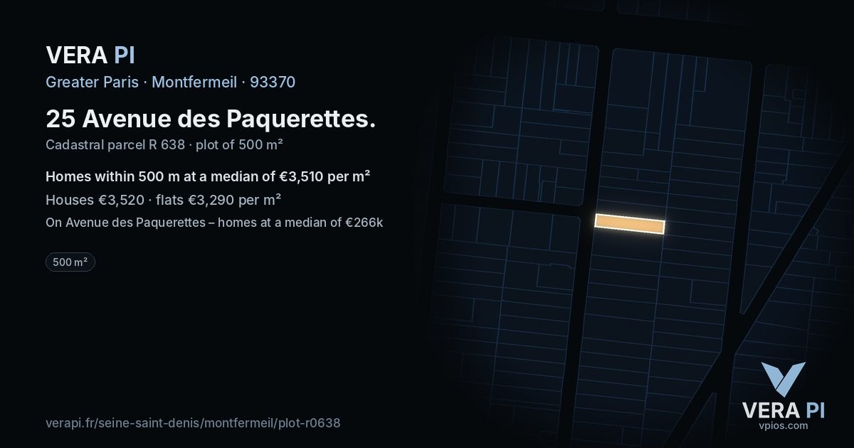 25 Avenue des Paquerettes, Montfermeil at night – the plot lit, the parcels around coloured by the prices near them