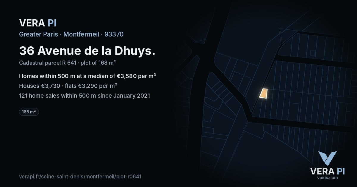 36 Avenue de la Dhuys, Montfermeil at night – the plot lit, the parcels around coloured by the prices near them