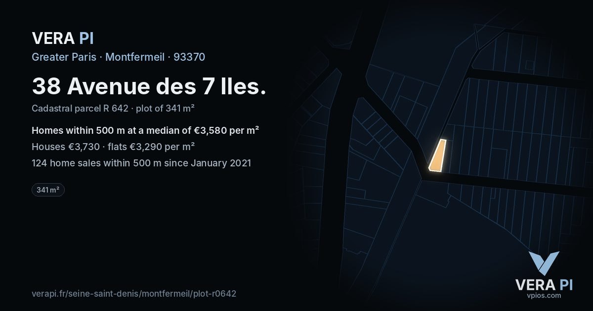 38 Avenue des 7 Iles, Montfermeil at night – the plot lit, the parcels around coloured by the prices near them