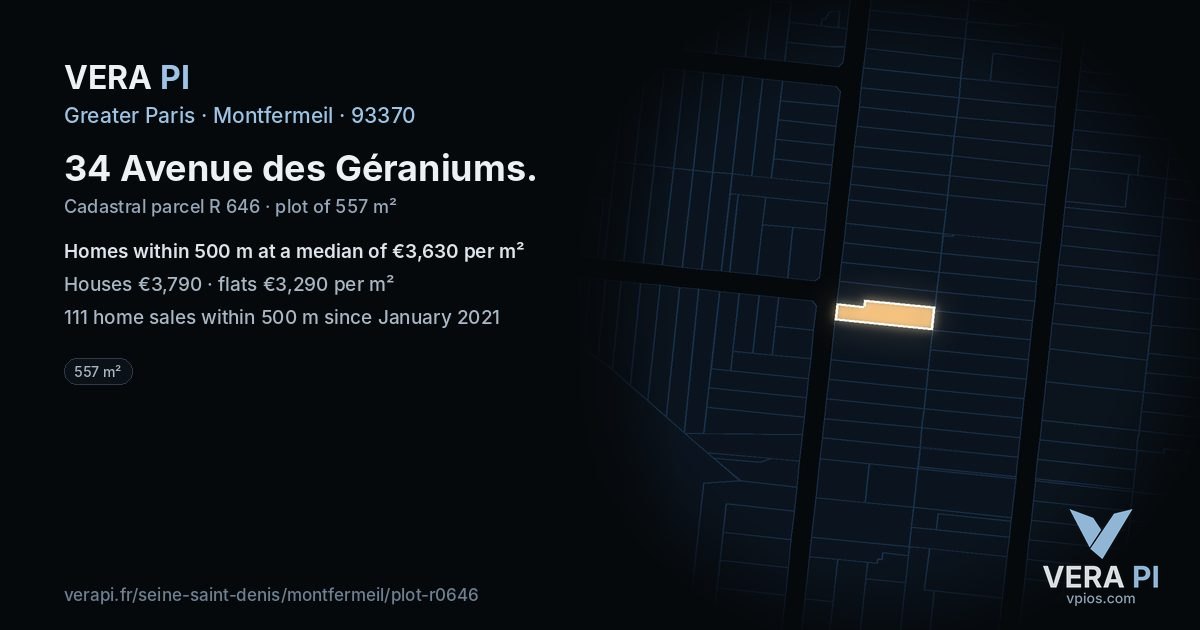 34 Avenue des Géraniums, Montfermeil at night – the plot lit, the parcels around coloured by the prices near them