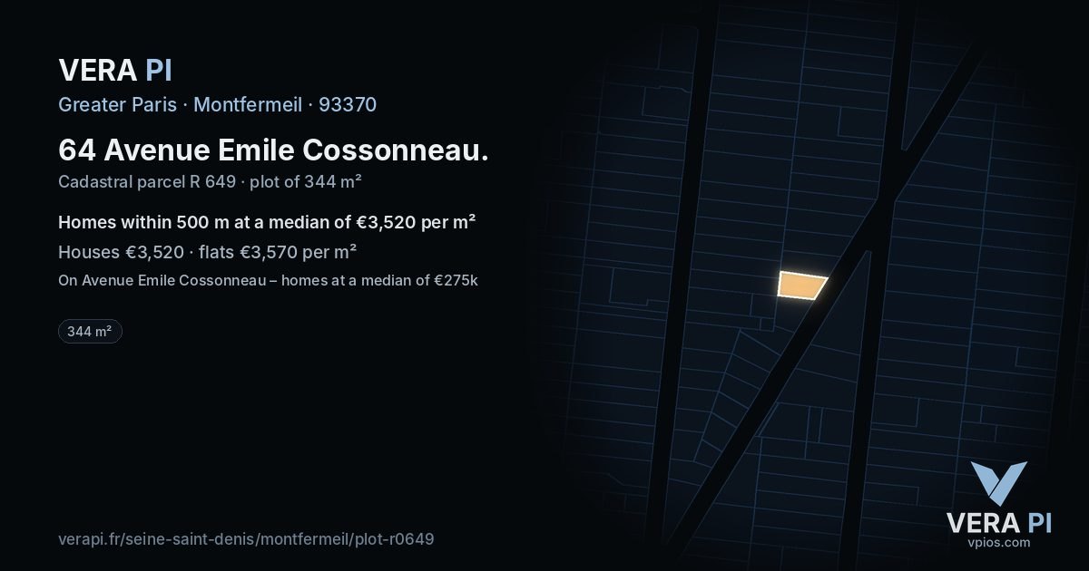 64 Avenue Emile Cossonneau, Montfermeil at night – the plot lit, the parcels around coloured by the prices near them