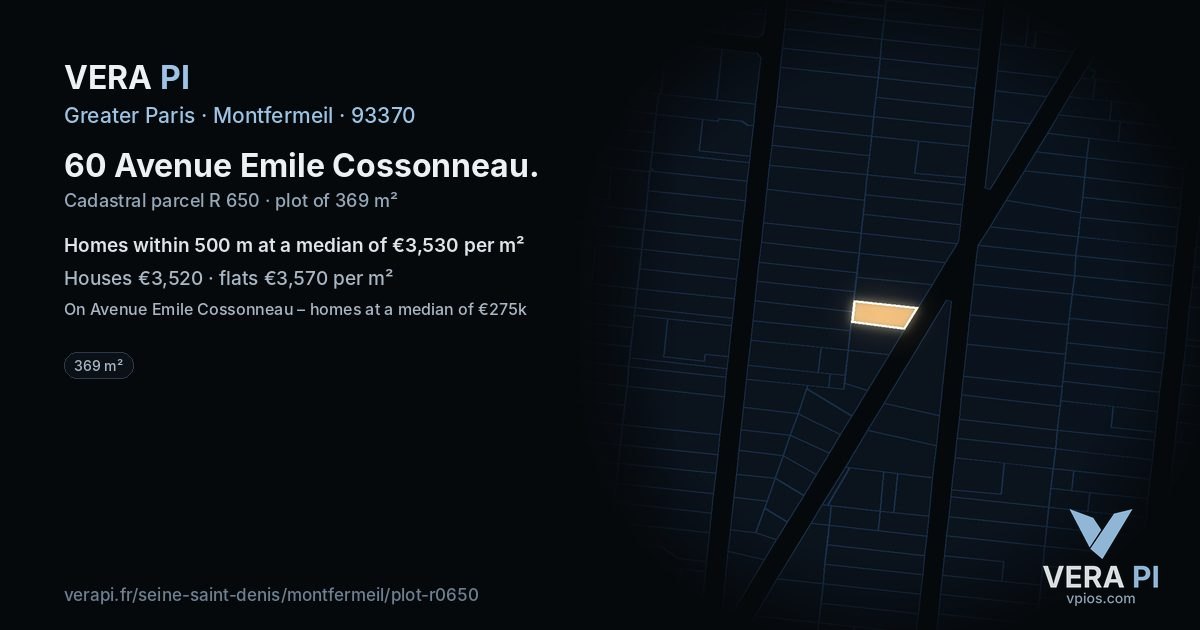 60 Avenue Emile Cossonneau, Montfermeil at night – the plot lit, the parcels around coloured by the prices near them