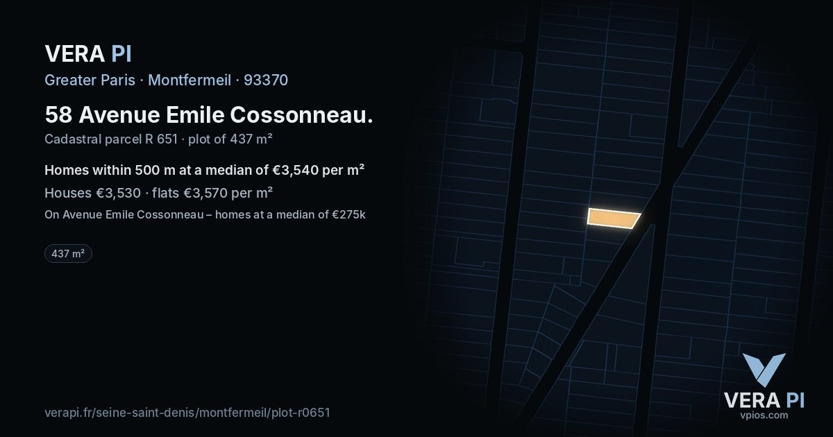 58 Avenue Emile Cossonneau, Montfermeil at night – the plot lit, the parcels around coloured by the prices near them