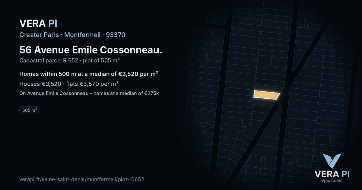 56 Avenue Emile Cossonneau, Montfermeil at night – the plot lit, the parcels around coloured by the prices near them