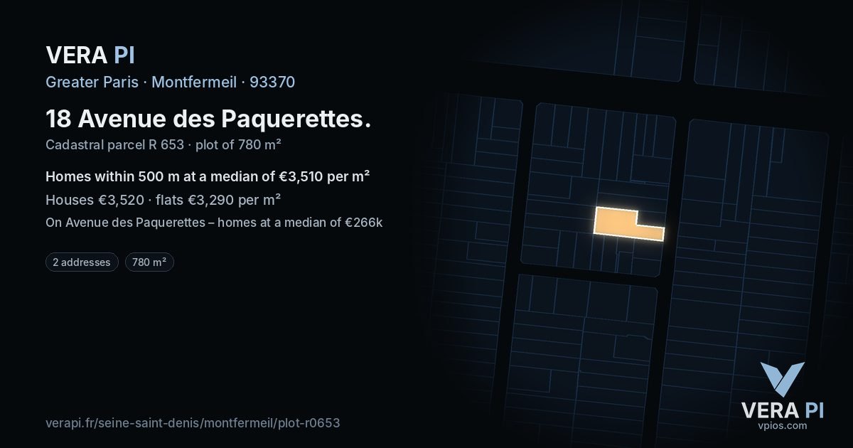 18 Avenue des Paquerettes, Montfermeil at night – the plot lit, the parcels around coloured by the prices near them