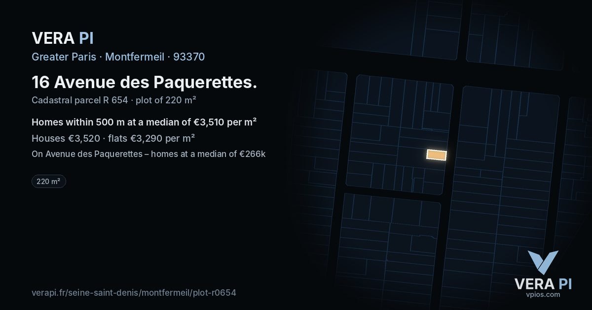 16 Avenue des Paquerettes, Montfermeil at night – the plot lit, the parcels around coloured by the prices near them