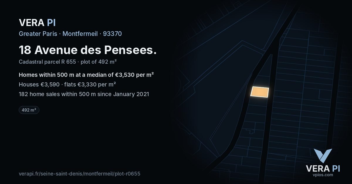 18 Avenue des Pensees, Montfermeil at night – the plot lit, the parcels around coloured by the prices near them