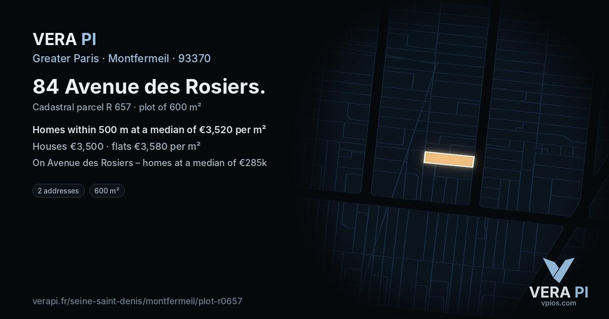 84 Avenue des Rosiers, Montfermeil at night – the plot lit, the parcels around coloured by the prices near them
