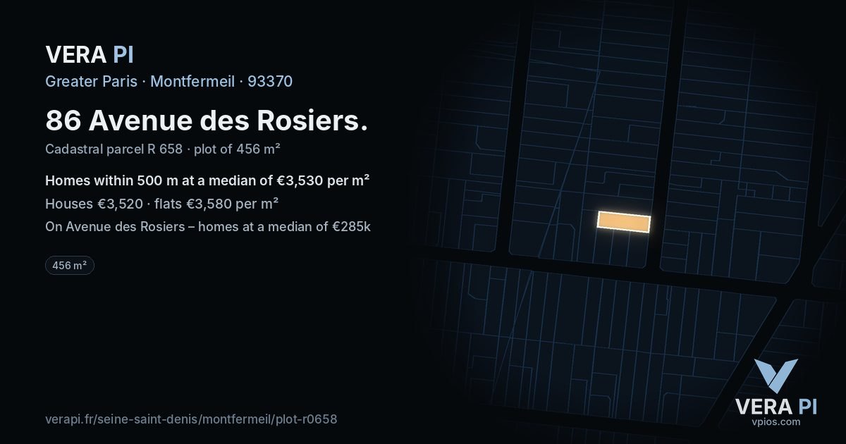 86 Avenue des Rosiers, Montfermeil at night – the plot lit, the parcels around coloured by the prices near them