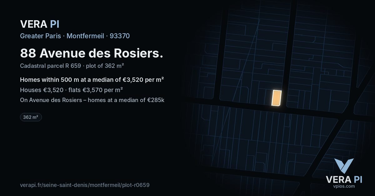 88 Avenue des Rosiers, Montfermeil at night – the plot lit, the parcels around coloured by the prices near them