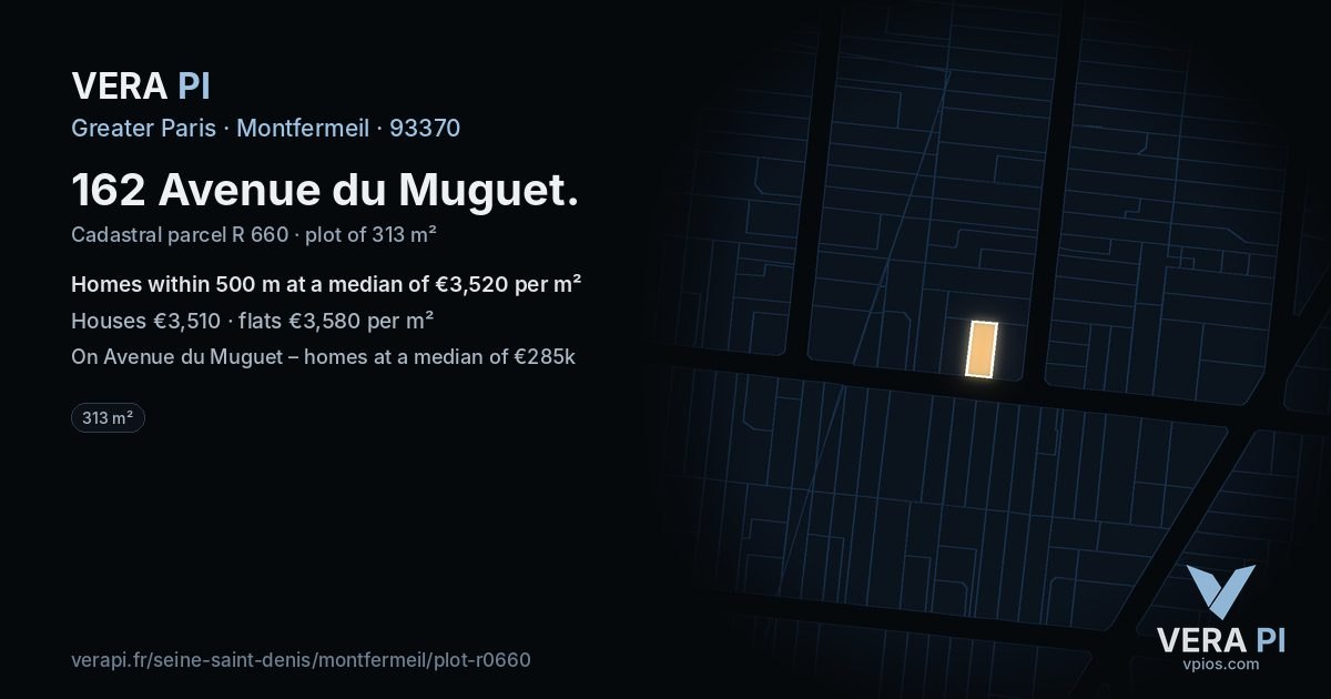 162 Avenue du Muguet, Montfermeil at night – the plot lit, the parcels around coloured by the prices near them