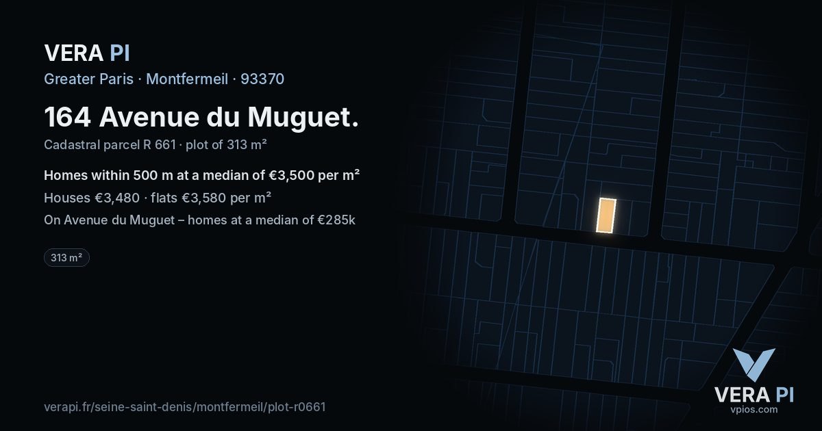 164 Avenue du Muguet, Montfermeil at night – the plot lit, the parcels around coloured by the prices near them