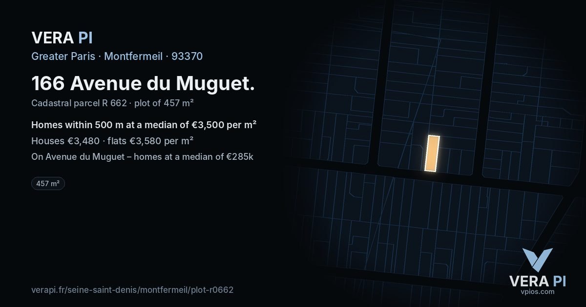 166 Avenue du Muguet, Montfermeil at night – the plot lit, the parcels around coloured by the prices near them