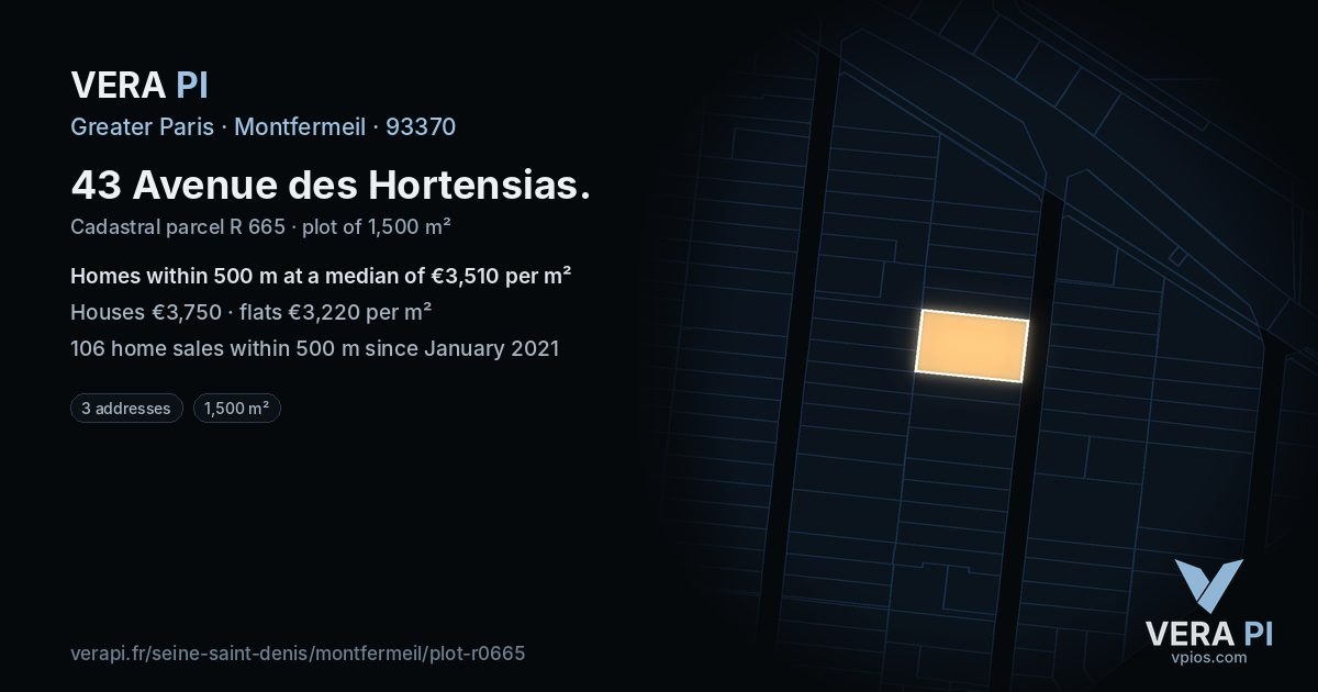 43 Avenue des Hortensias, Montfermeil at night – the plot lit, the parcels around coloured by the prices near them
