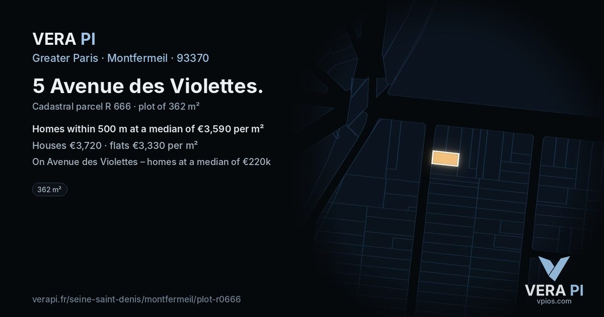 5 Avenue des Violettes, Montfermeil at night – the plot lit, the parcels around coloured by the prices near them